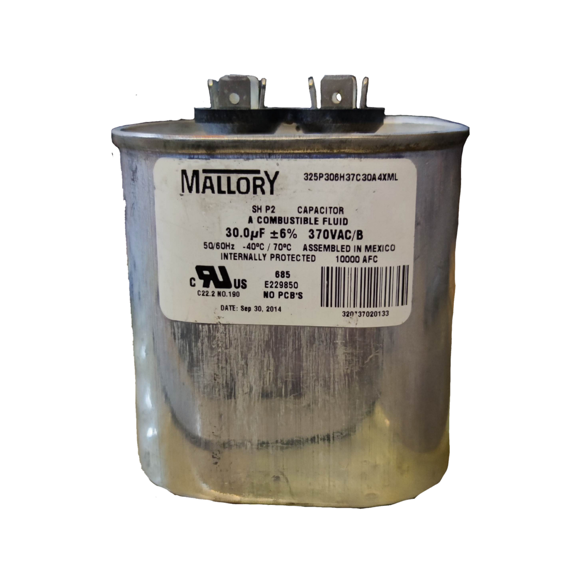 Mallory 30uF 370V AC capacitor with metal casing and specifications label for electrical circuitry