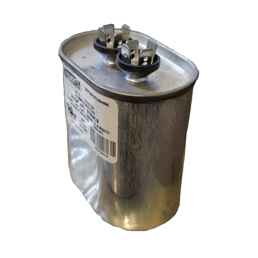 Mallory 30uF 370V AC capacitor with a metallic casing and dual terminals for electrical applications