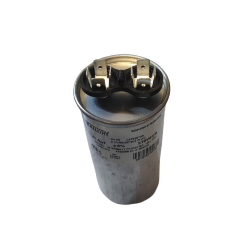 Mallory 40uF 370VAC capacitor with metal casing and dual terminals for electrical applications