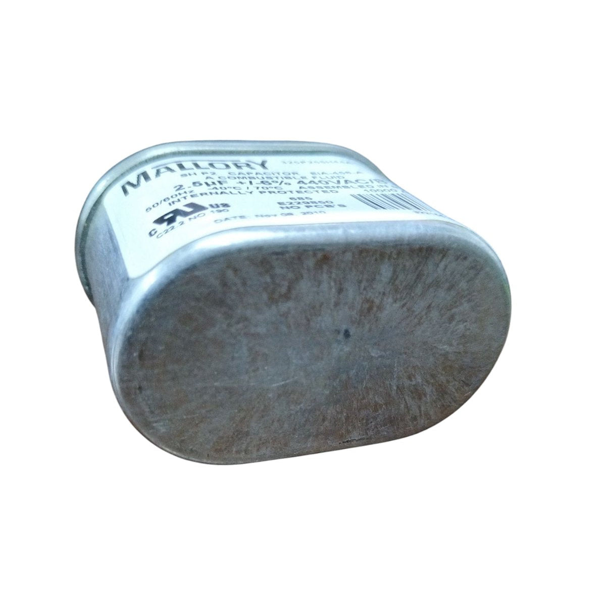 Mallory 440V running capacitor with durable metal casing and clear labeling for electrical applications