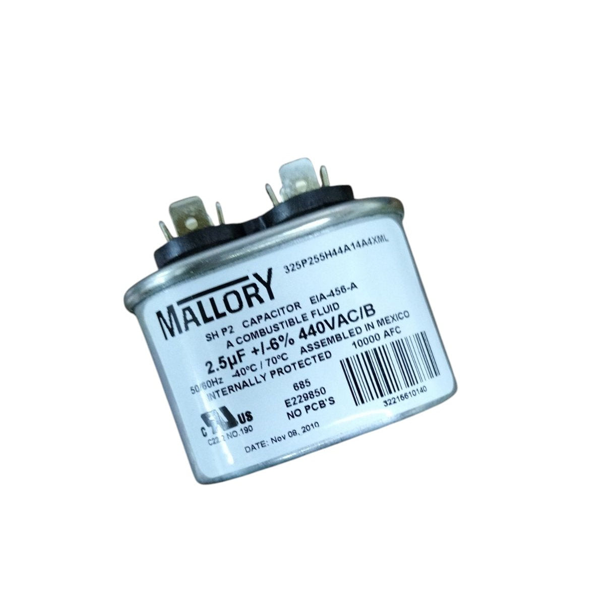 Mallory 440V running capacitor with 2.5 microfarads and dual terminals for electrical applications
