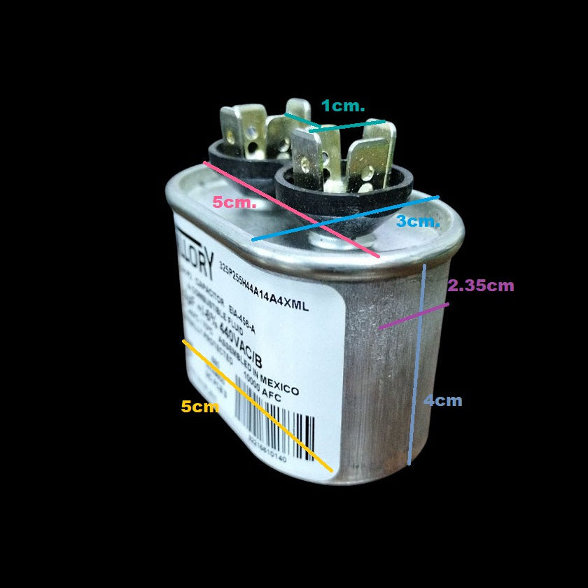 Mallory 440V running capacitor with metal casing and multiple terminal connections for electrical applications
