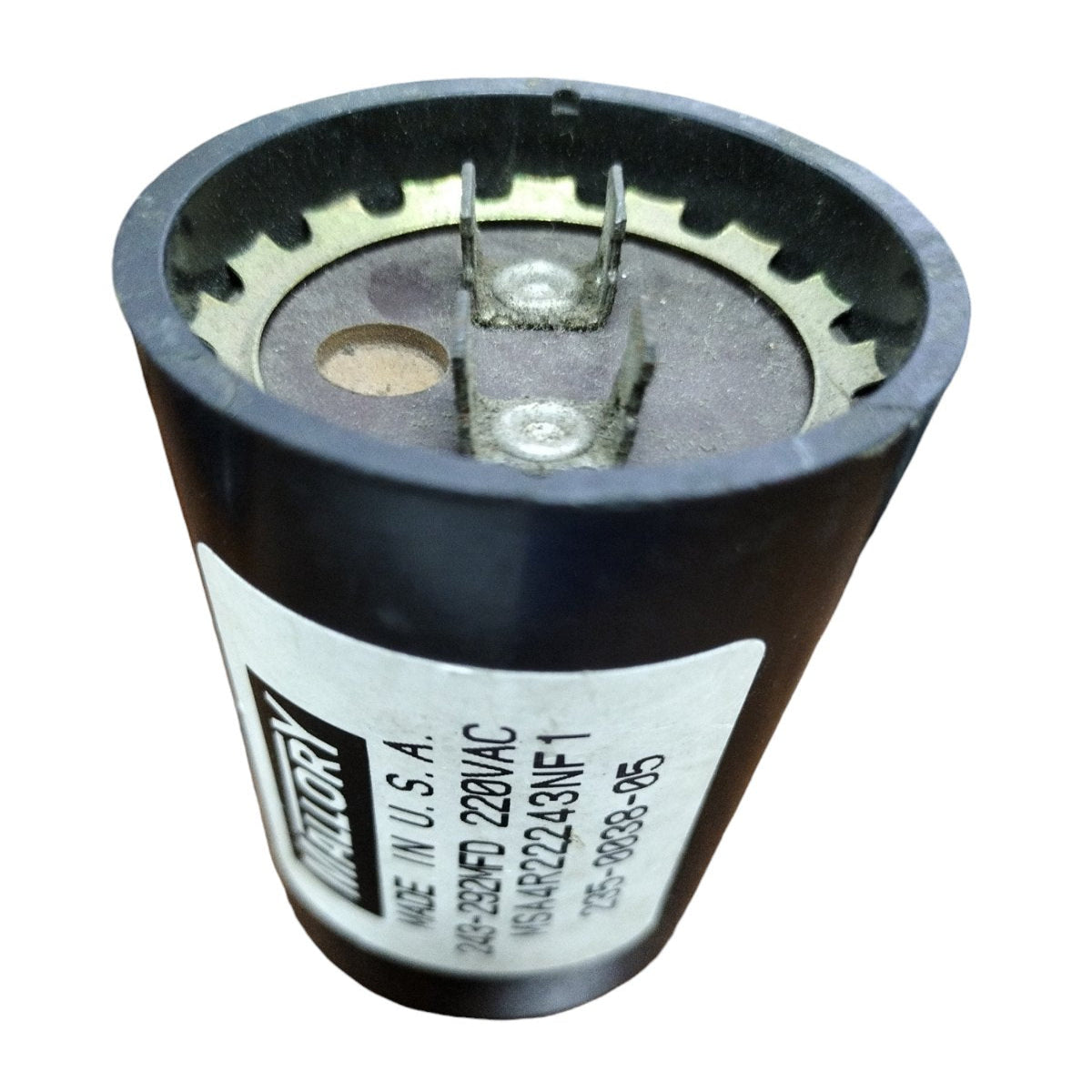 Mallory Motor Start Capacitor 243-292 MFD black cylindrical electrical component with metal terminals