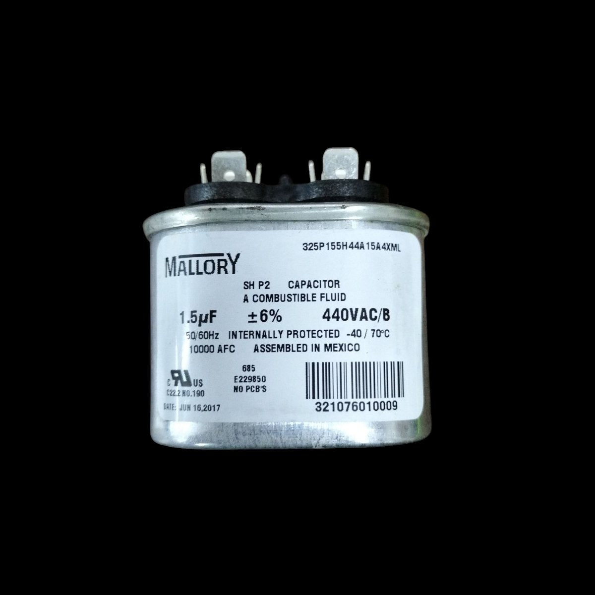 Mallory oil-filled running capacitor 440V AC with 1.5µF rating for reliable motor performance