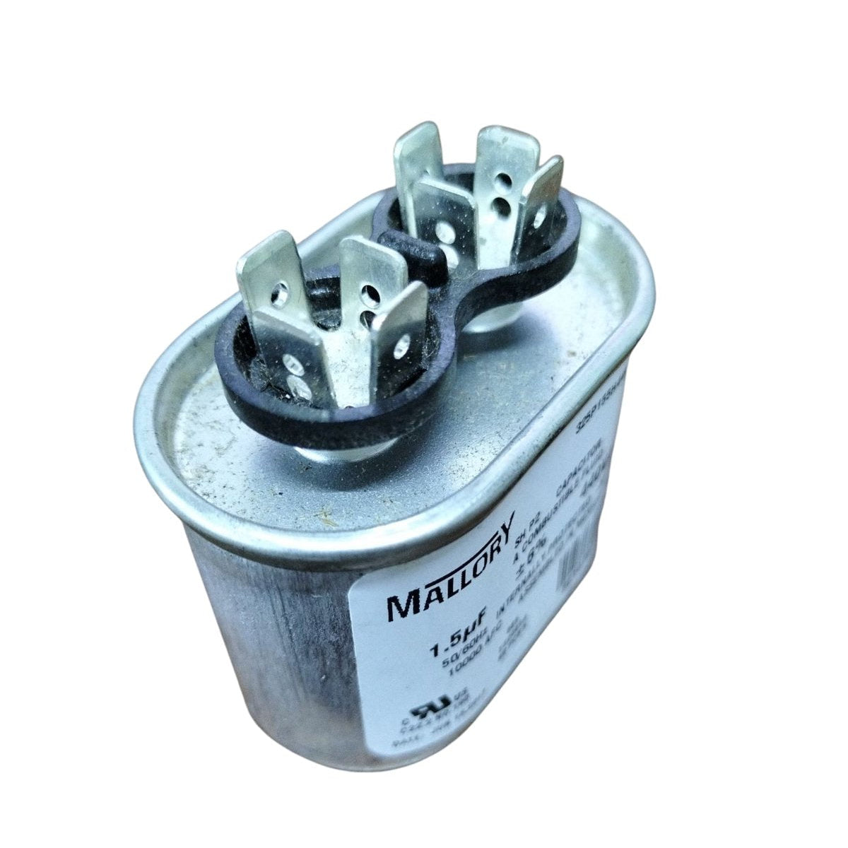 Mallory oil-filled running capacitor 440V AC with two terminal connections for efficient energy use