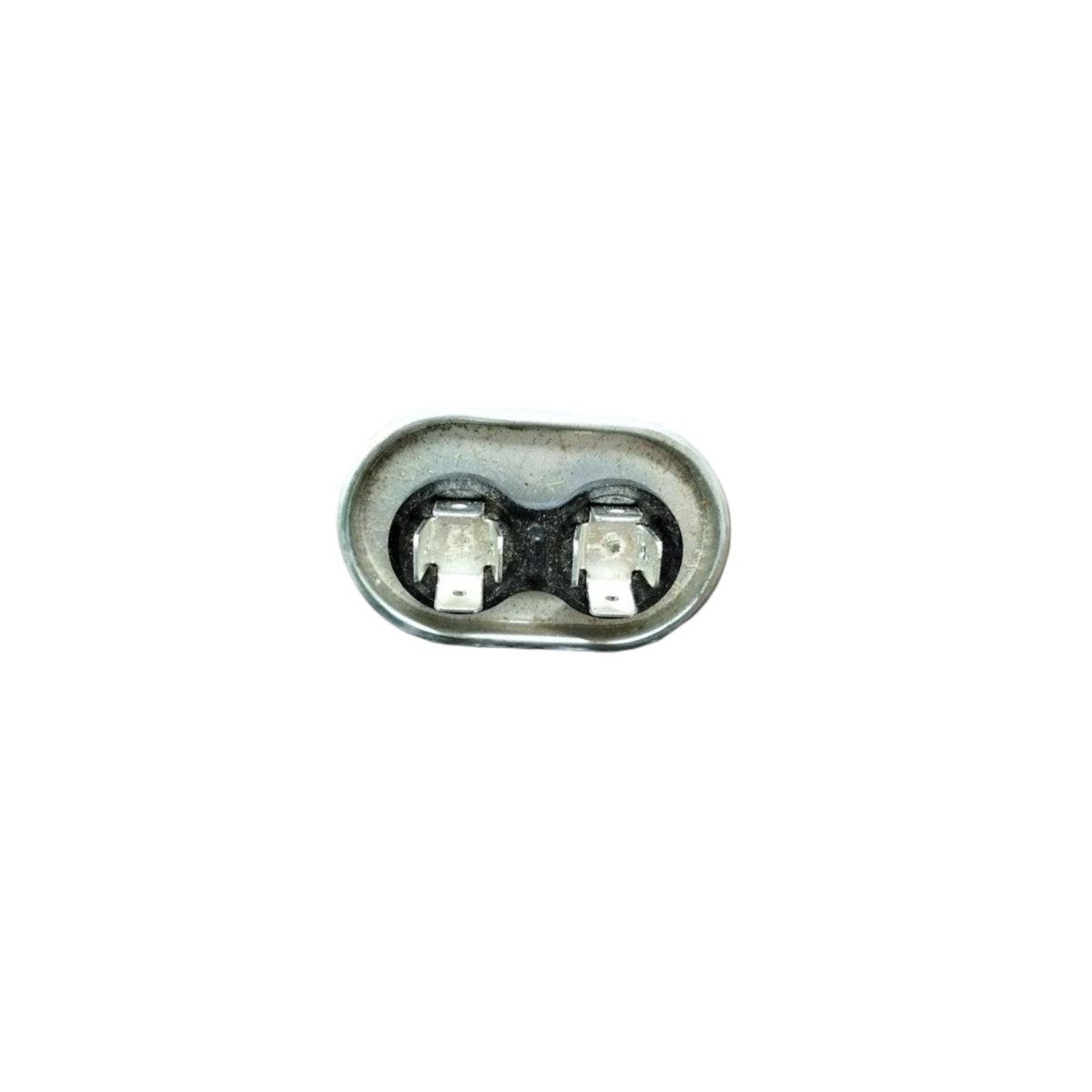 Mallory oil-filled running capacitor 440V AC with rounded metal casing and dual terminals