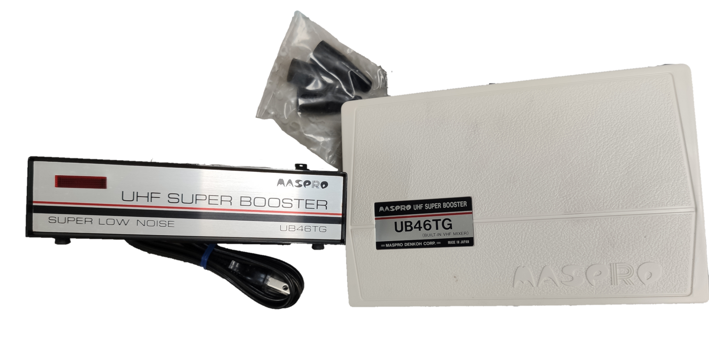 MASPRO UHF Super Booster with compact design, low noise, and accessories for improved TV signal reception