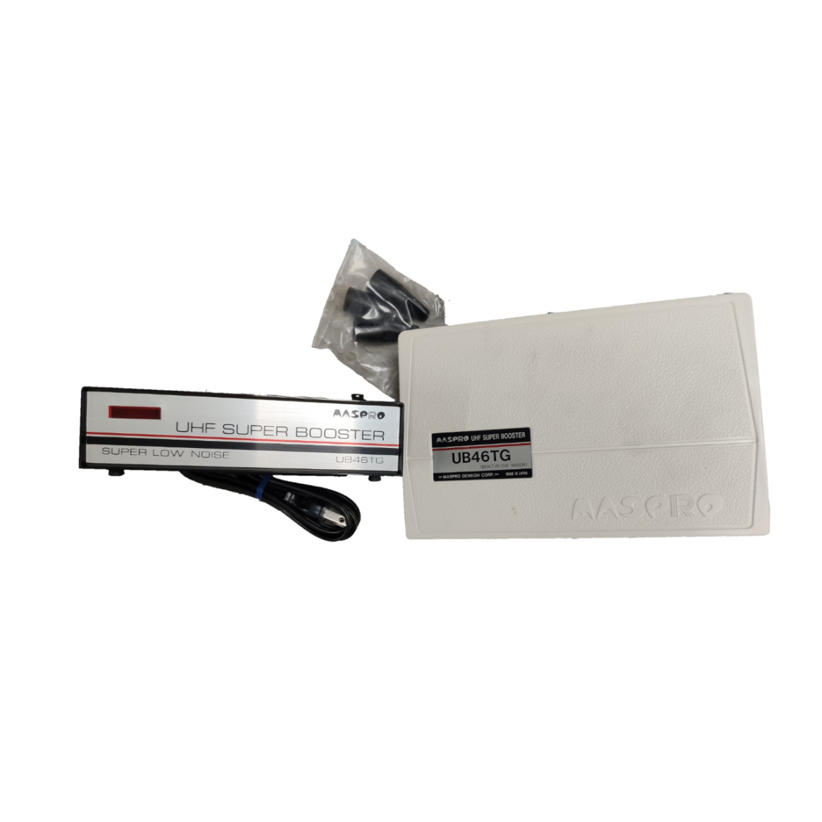 MASPRO UHF Super Booster with compact design, low noise, and accessories for improved TV signal reception