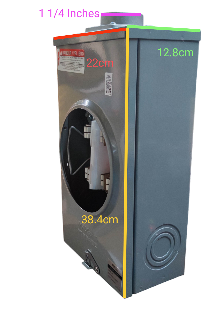 Cirtech 200A Rectangular Meter Base electrical component with dimensions labeled in centimeters and inches