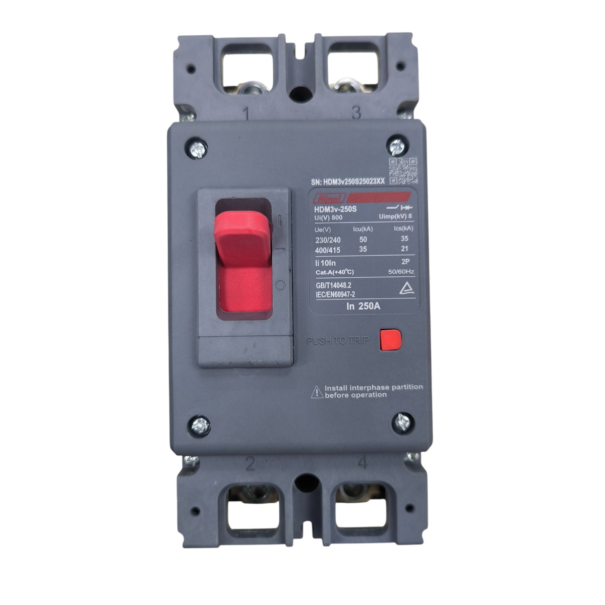 Himel 250A 2 Pole 220V 36KAIC 400V AC MCCB molded case circuit breaker with red switch