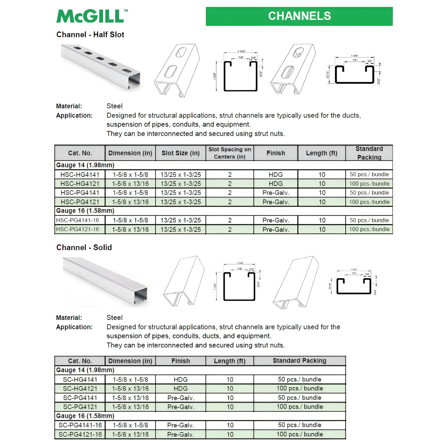 McGILL unistrut channel pre galvanized 10 feet steel cable management channels with half slot and solid options