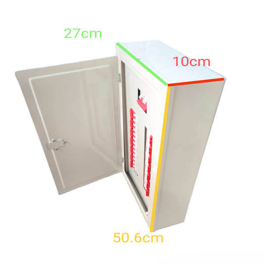 Himel miniature circuit breaker panel board with open door showing internal switches and dimensions