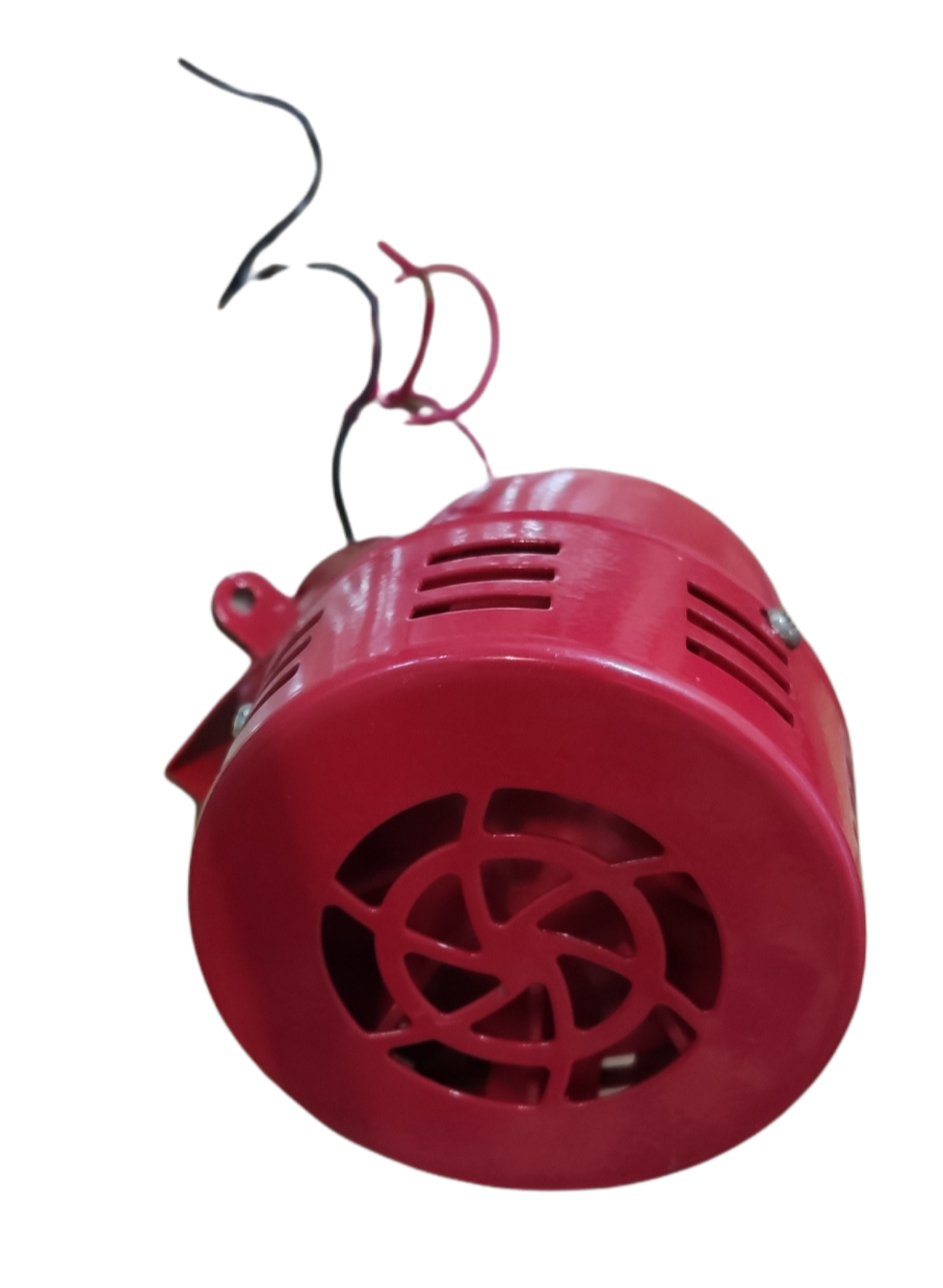 Red Mini Siren 12V DC alarm system accessory with ventilation openings and attached wires