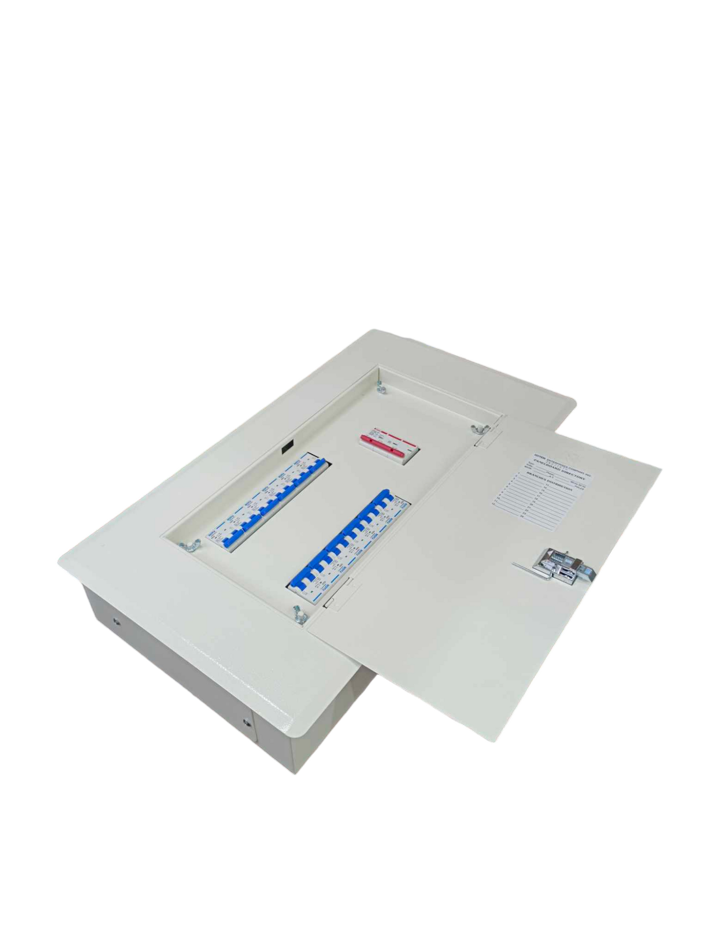White electrical panel box with miniature circuit breaker 3 pole components inside and an open door