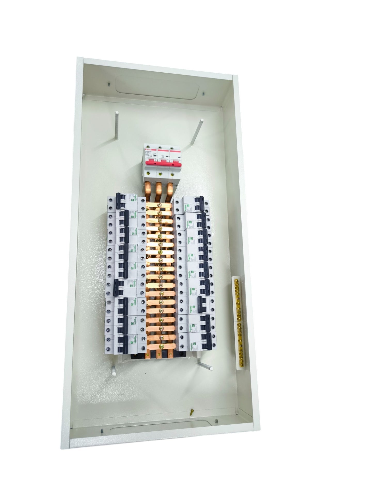 Koten miniature circuit breaker panel with multiple circuit breakers and copper busbars inside white enclosure