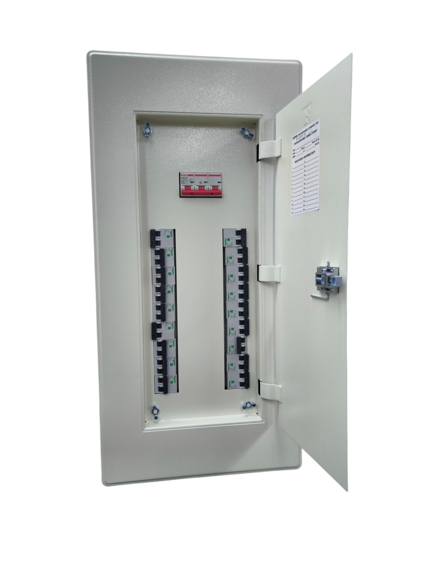 Koten miniature circuit breaker panel with multiple breakers and an open white metal door