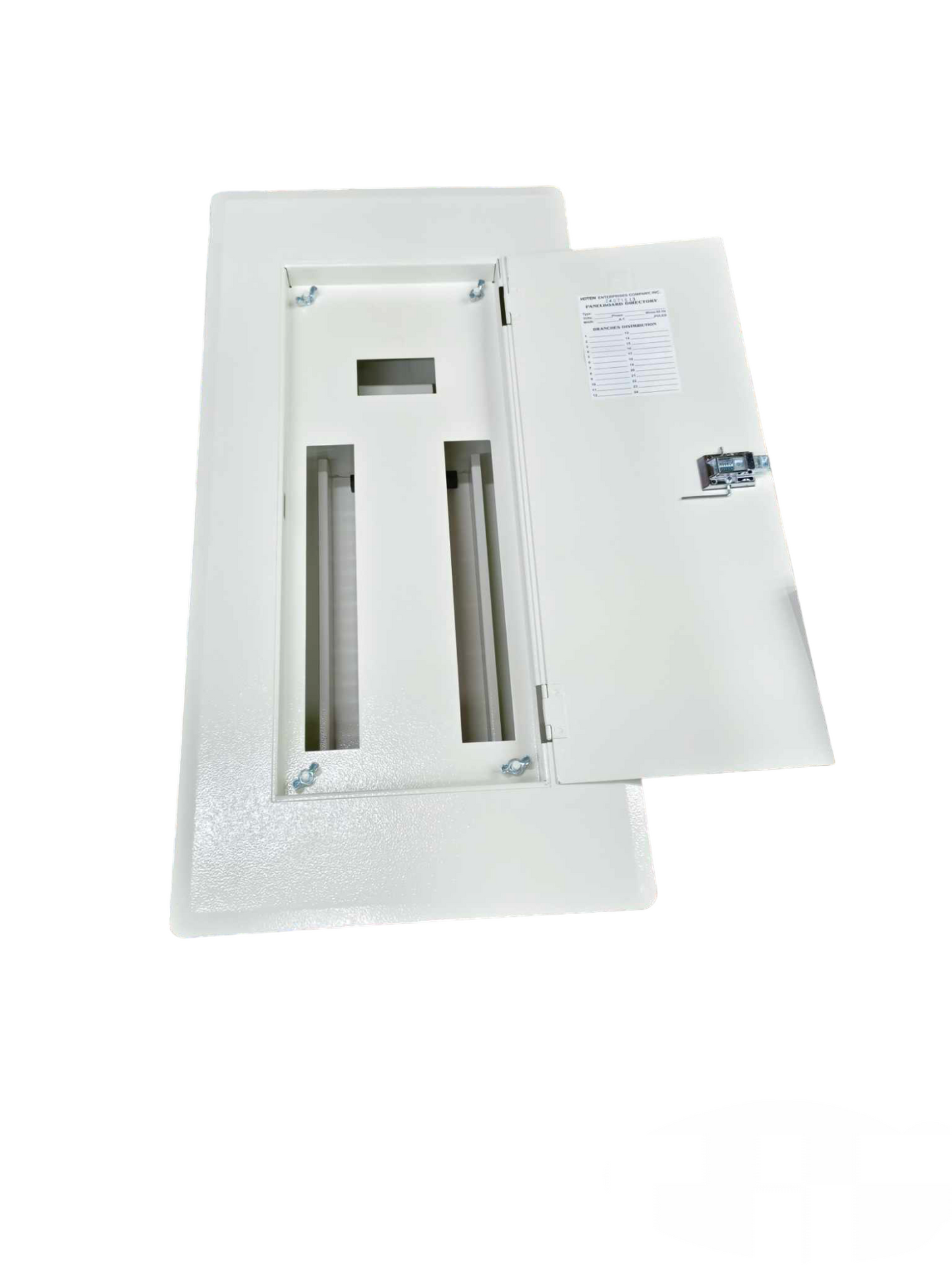 Koten miniature circuit breaker panel with open door showing empty breaker slots in white