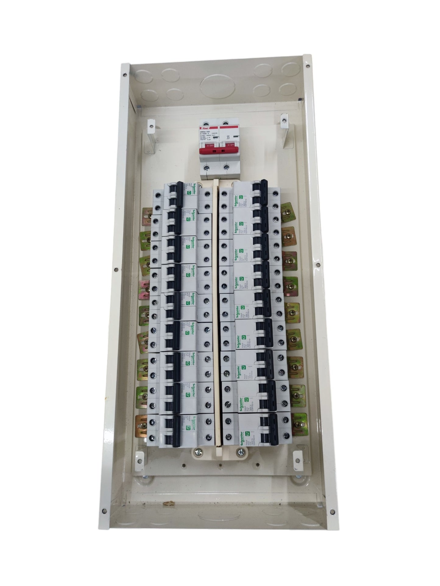 Electx Electrical Supply miniature circuit breaker panel with multiple circuit breakers and white metal enclosure