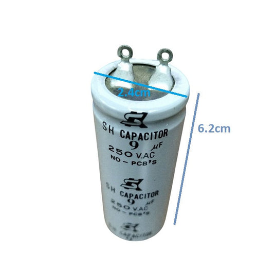 SH Motor Run Capacitor 9UF 250 VAC cylindrical electrical component with metal terminals
