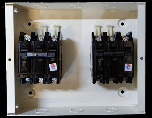 Koten and GE MTS 70A 3 Pole Three Phase electrical circuit breaker panel with two black switches