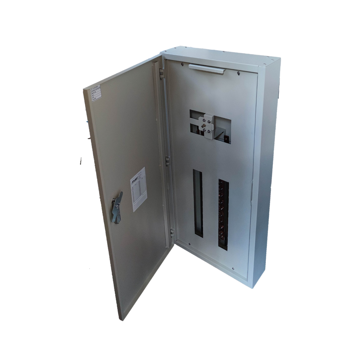 Royu MTS Main MCCB 2pole Panel Board with an open grey metal door showing internal circuit slots