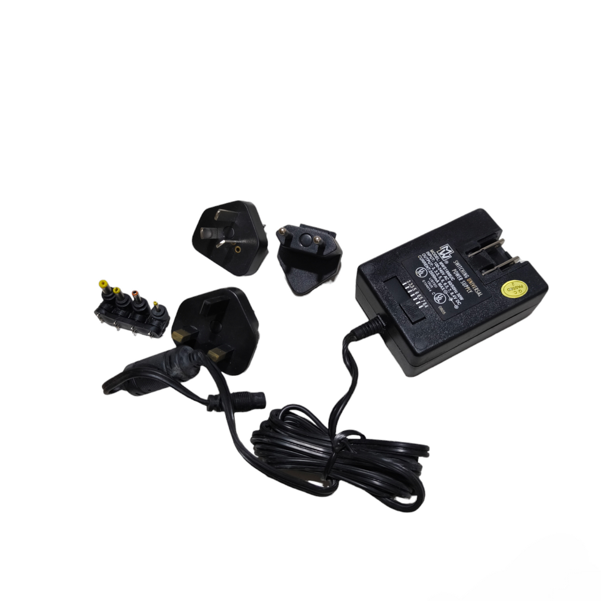 MW Switching Universal Power Supply with multiple plug adapters and a long black cable for versatile power connections