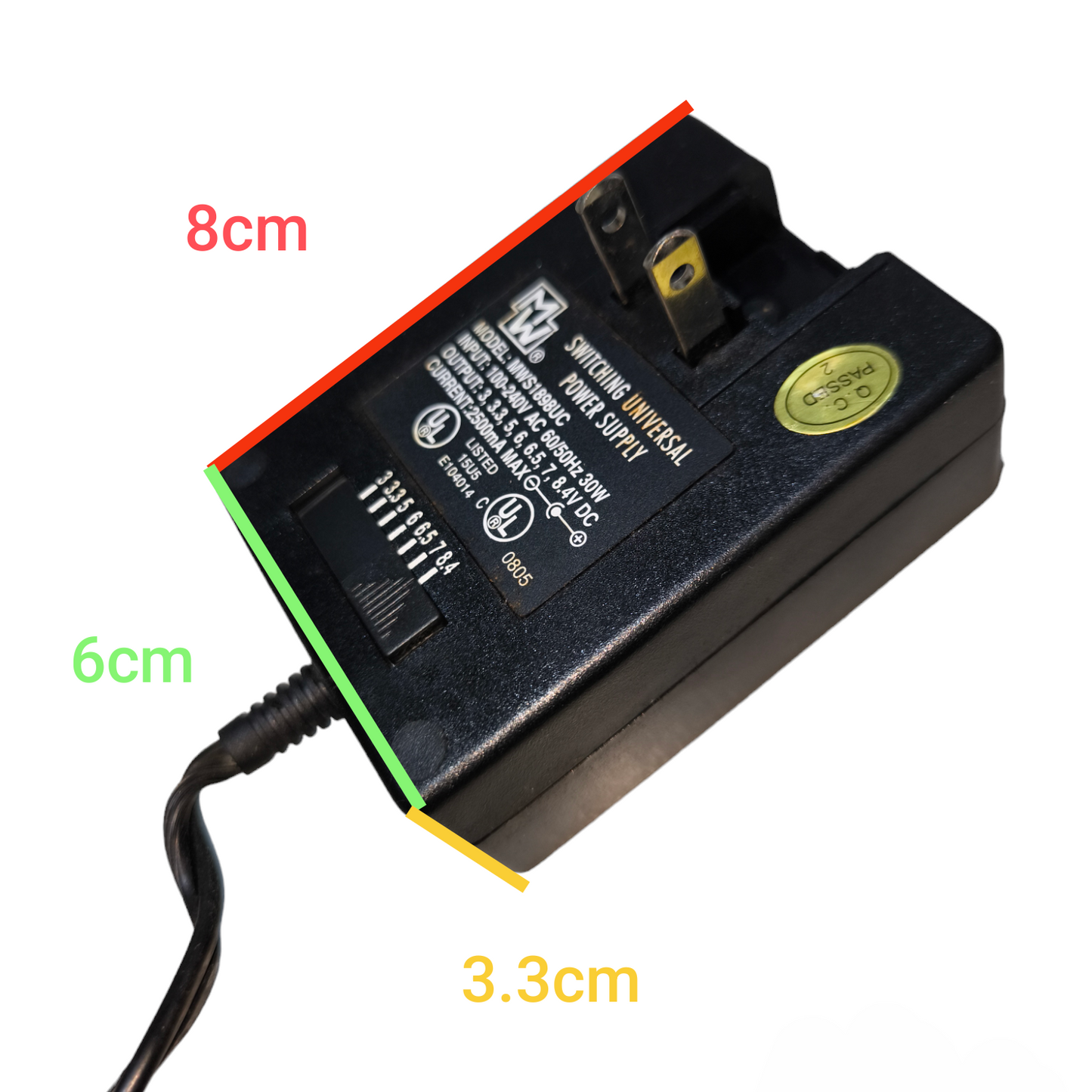 MW Switching Universal Power Supply black adapter with power cord and plug measuring 8cm by 6cm by 3.3cm