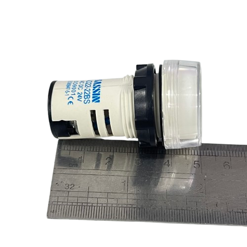Grippes LED indicator lamp 22mm 24V White panel mount indicator with clear lens shown next to ruler for scale