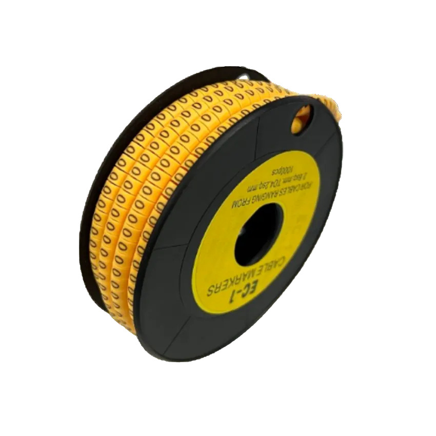 Cable management spool with yellow labels marked O Marker 2.6mm to 4.2mm for wire identification