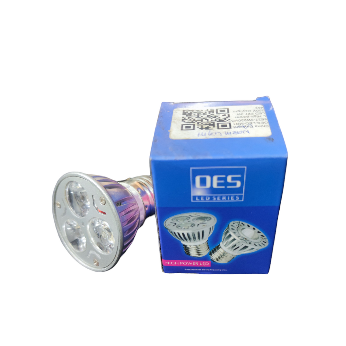 3W LED 220V E27 Warm White bulb by OES next to its blue packaging box