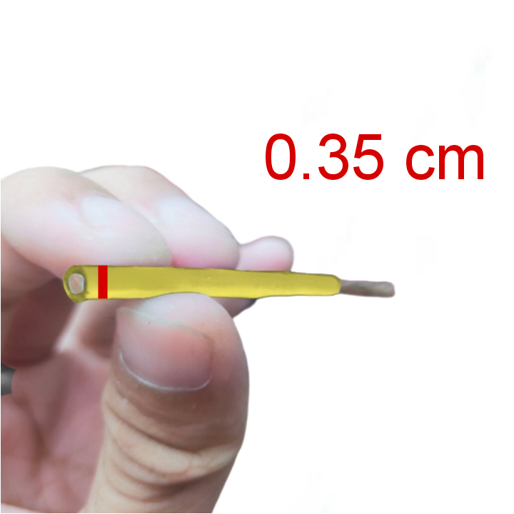 Close-up of a yellow THHN AWG 12 stranded wire yellow held between fingers showing detailed thickness