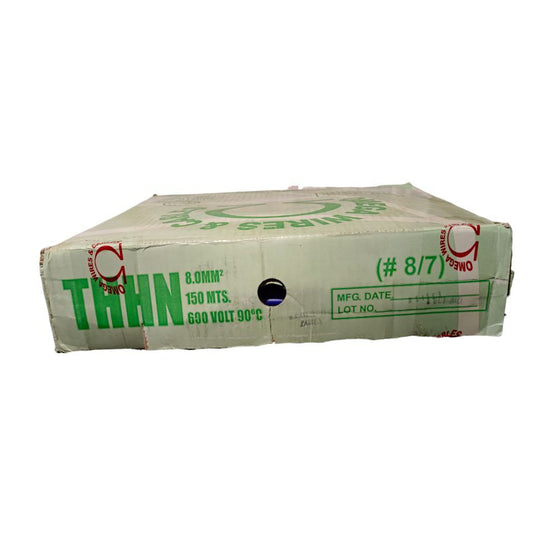 Omega THHN Wire 8 mm Stranded 1 Roll packaging showing 150 meters length and 600 volt rating