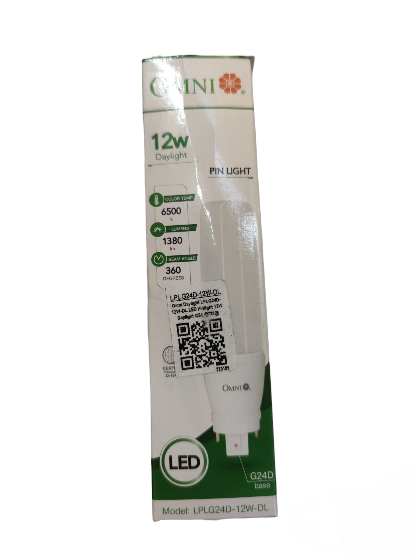 Omni 12W LED Pinlight G24d Daylight bulb in white packaging with product specifications