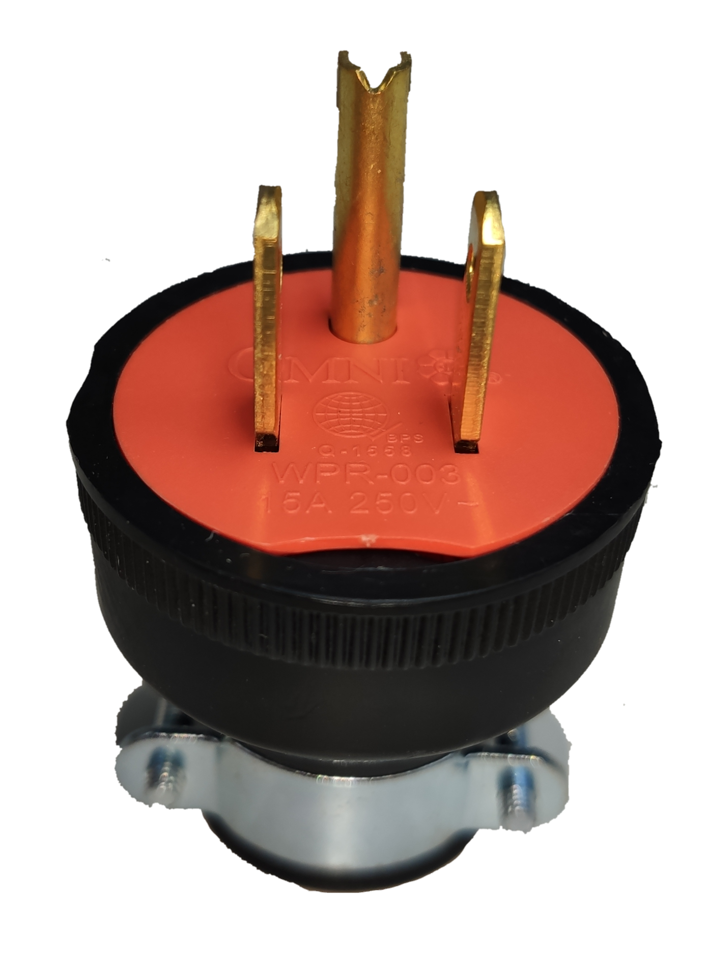 Omni 15A rubber plug with ground featuring durable gold prongs for secure electrical connections
