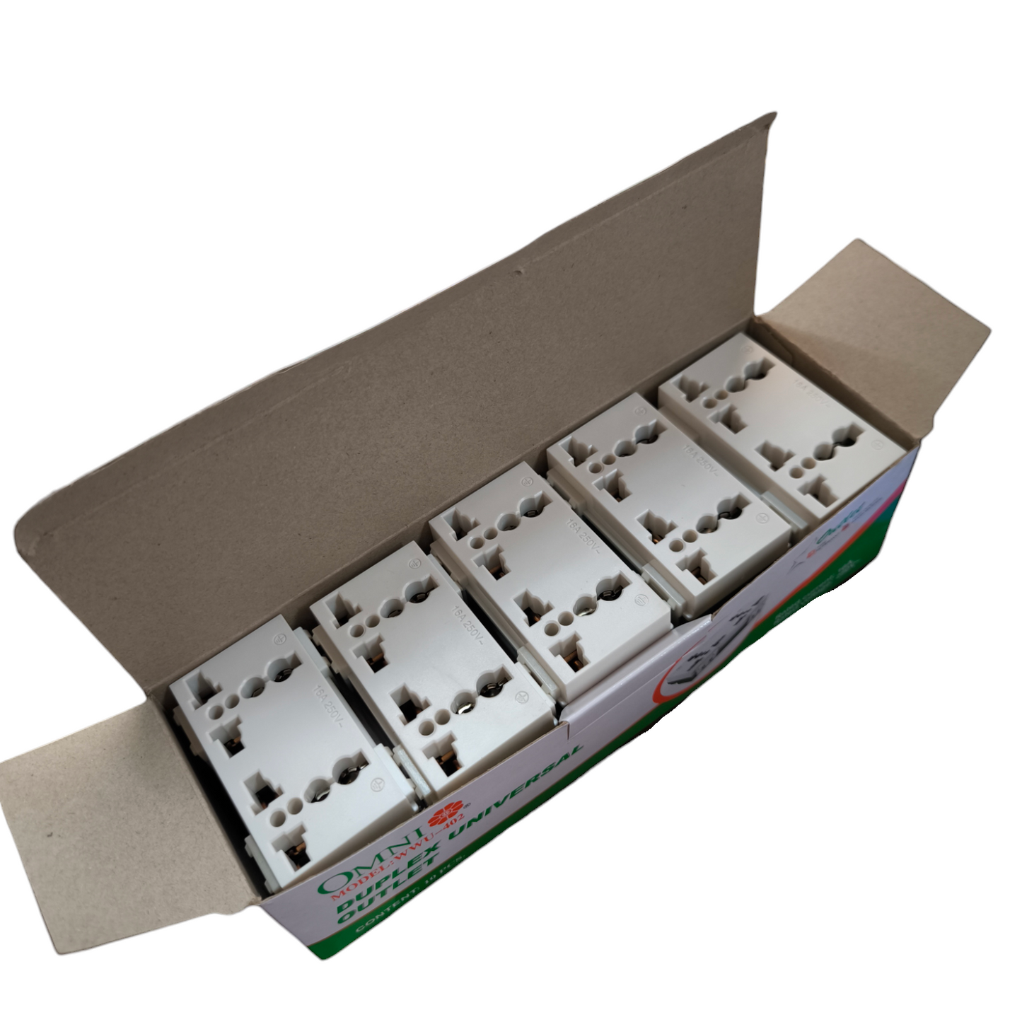 Omni 16A 250V electrical outlet pack containing multiple durable and safe outlets