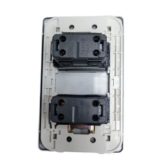 Omni 2 gang 3 way switch back view showing wiring terminals and mounting frame in white