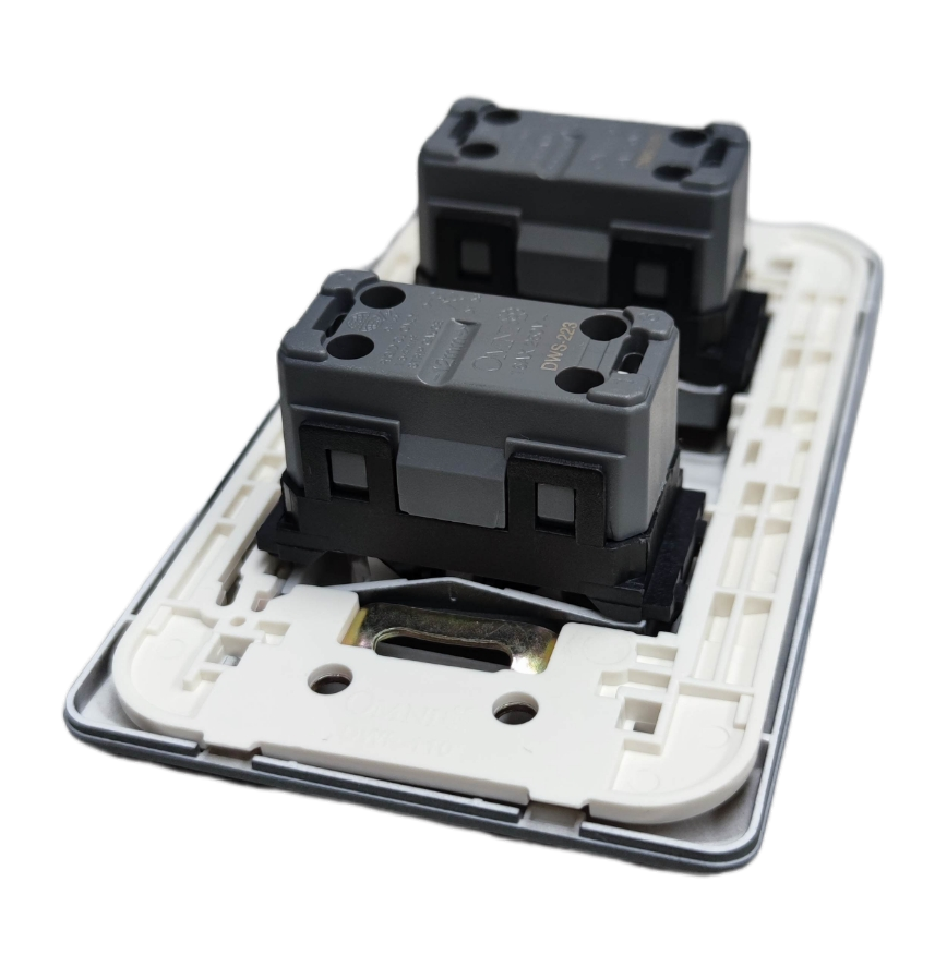 Omni 2 gang 3 way switch showing back side with wiring and mounting components