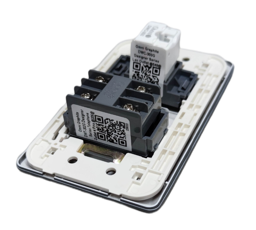 Omni 2 gang Ethernet and phone wall plate showing white mounting frame with two RJ45 and RJ11 modules