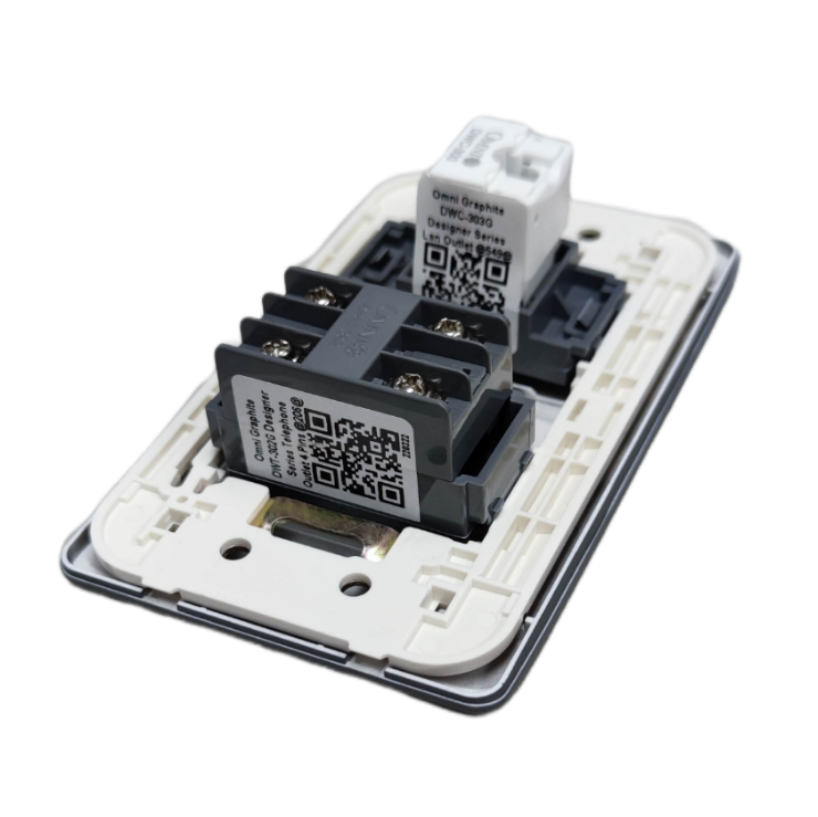 Omni 2 gang Ethernet and phone wall plate showing white mounting frame with two RJ45 and RJ11 modules