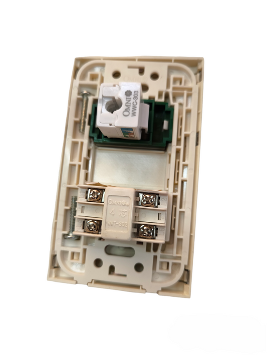Omni 2 gang LAN and telephone outlet power point switch plug in beige plastic frame