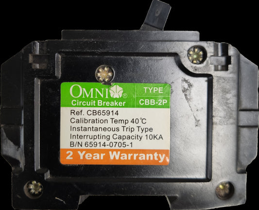 Omni 2 pole bolt-on circuit breaker 15A with 10KA interrupting capacity and a 2-year warranty