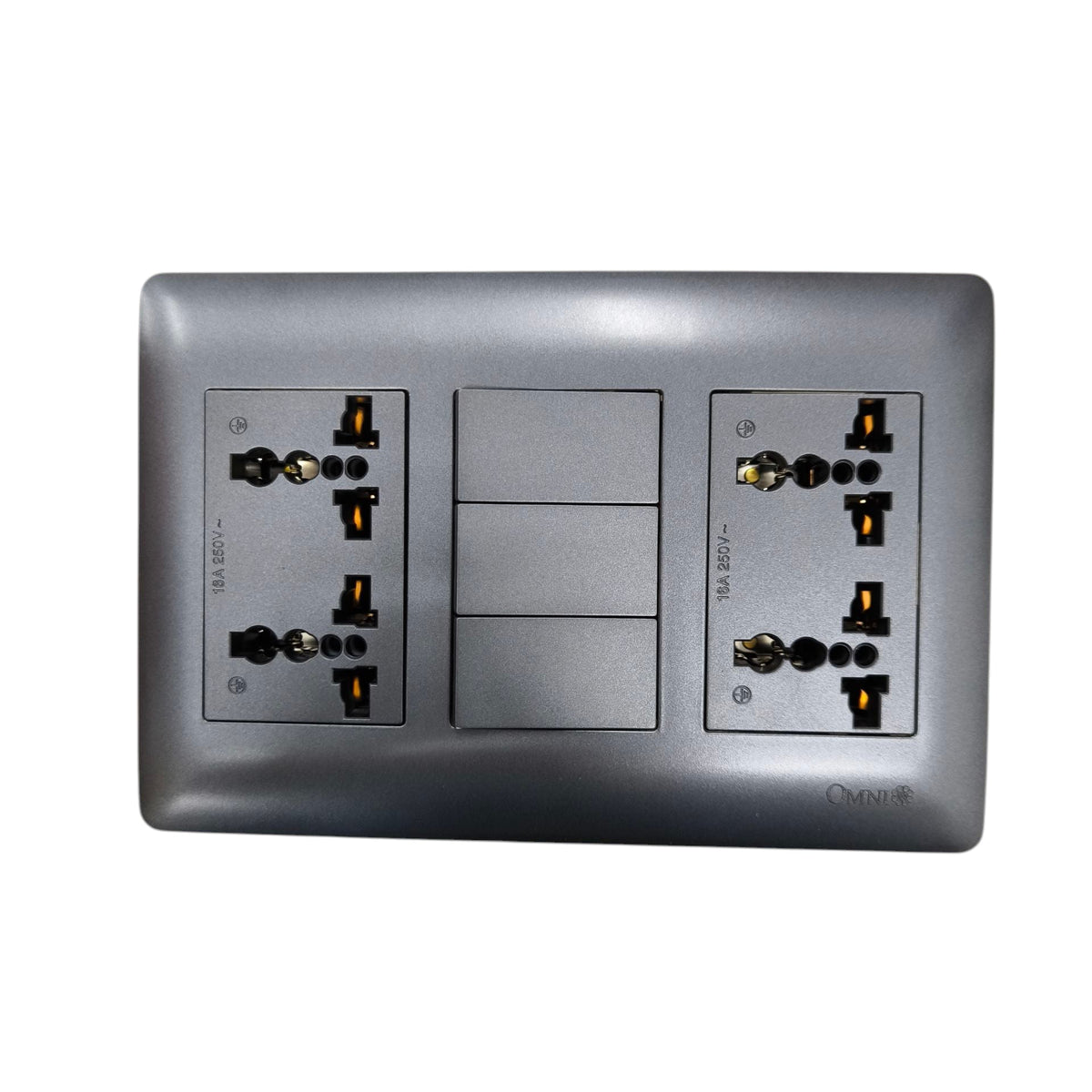 Omni 3 gang switch with 4 gang universal outlet for convenient power access and control.
