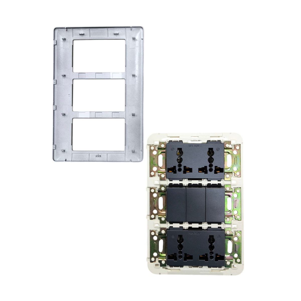 Omni 3 gang switch with 4 gang universal outlet for versatile electrical connectivity