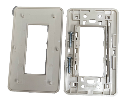 Omni 3 gang wall plate in white with mounting screws and frame for power points and switches