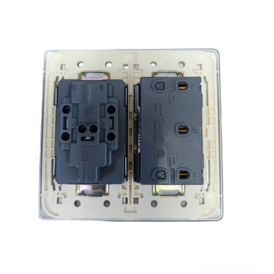 Omni 4 Gang Duplex Universal Outlet showing back side wiring terminals and mounting frame