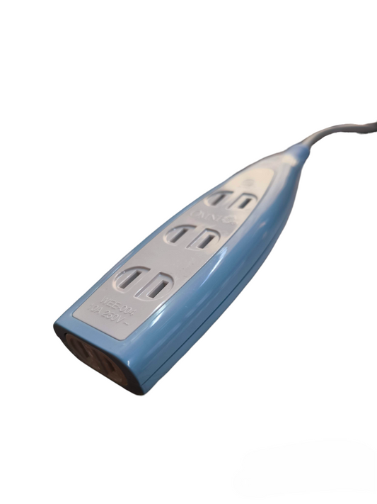 Omni 4 gang extension outlet power strip with blue and white casing and attached cord