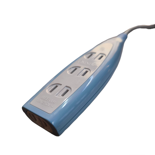 Omni 4 gang extension outlet power strip with blue and white casing and attached cord