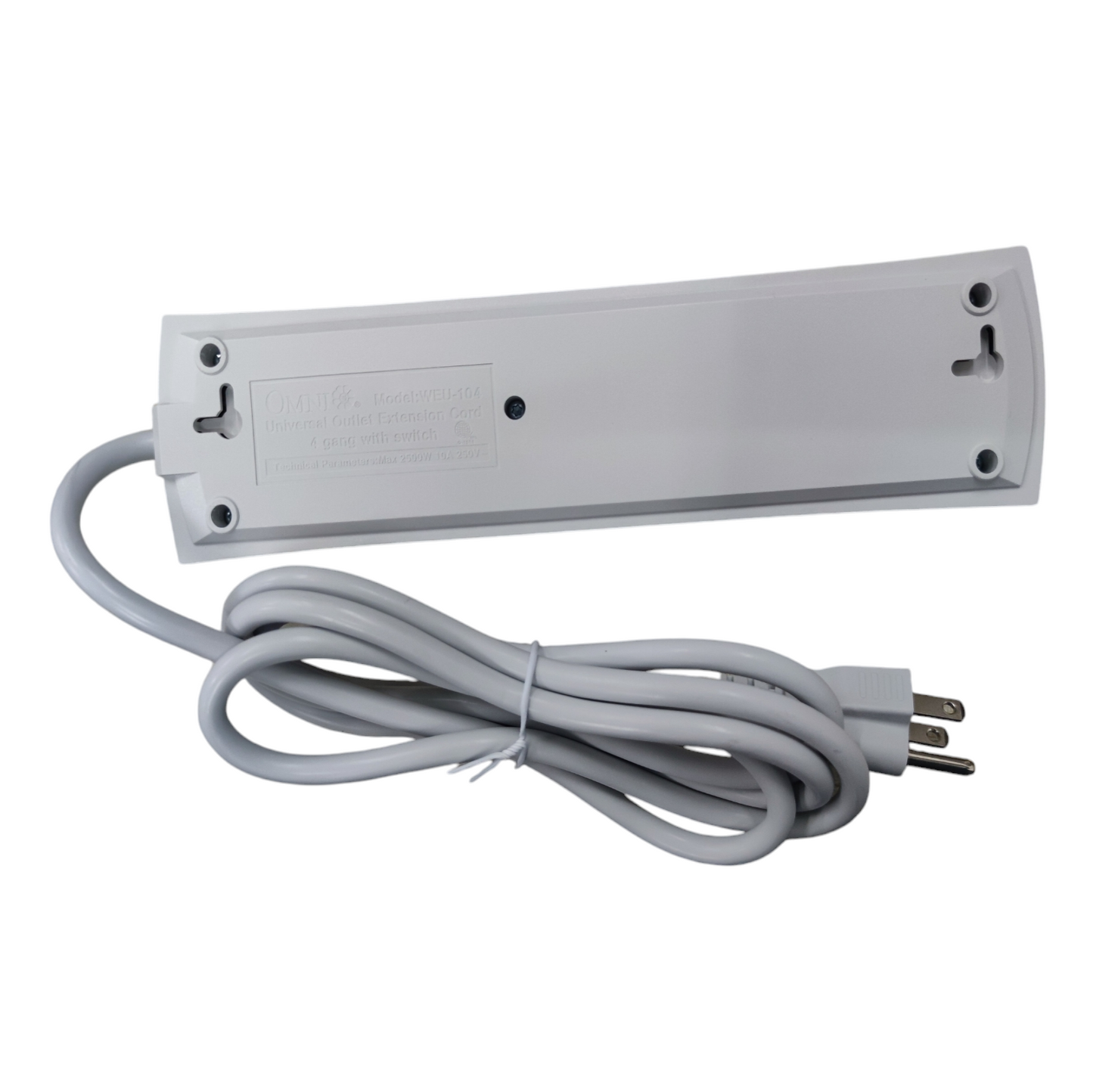 Omni 4 gang power strip with switch showing back view with attached power cord and plug