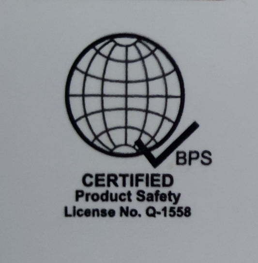 Certified product safety logo with globe and checkmark for Omni 4 gang power strip with switch