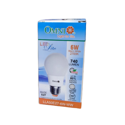 Omni 6W LED bulb E27 with warm white light, 740 lumens, and energy-saving features